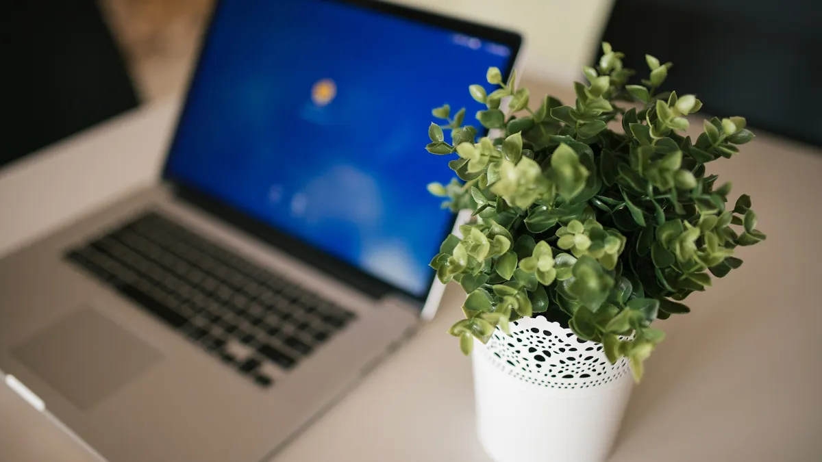 A freelancer working alone on a laptop at a desk near a window with a notebook and coffee