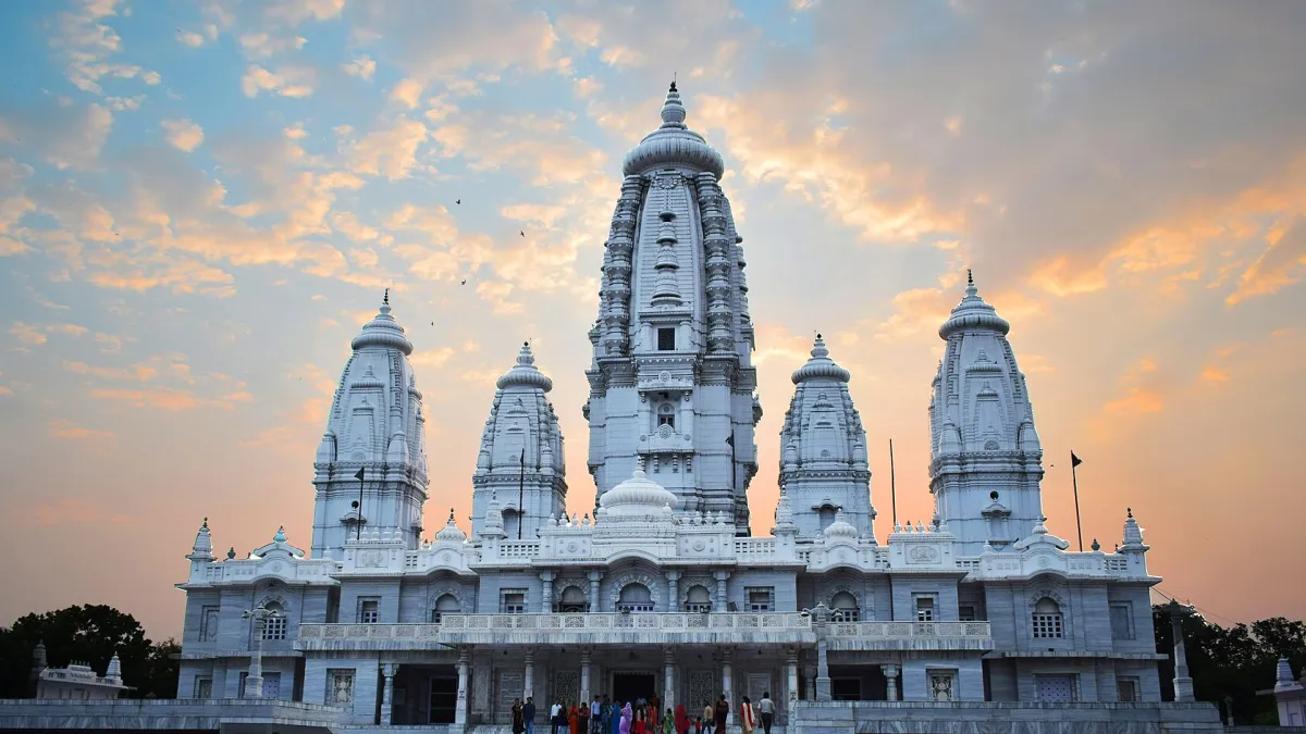 The white marble JK Temple in Kanpur with its gardens in front