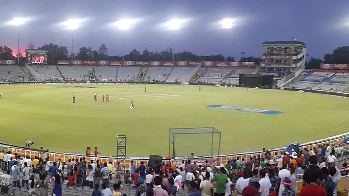 The cricket stadium in Mohali with stands and floodlights seen from outside